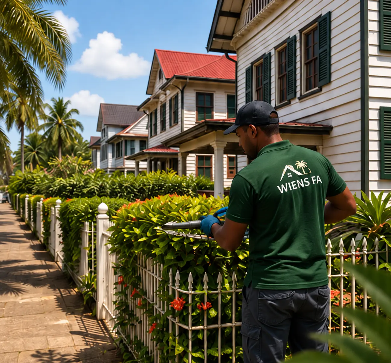Vakman van Wiens Fa knipt een haag voor houten woningen in Paramaribo